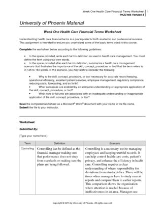 Week One Health Care Financial Terms Worksheet
