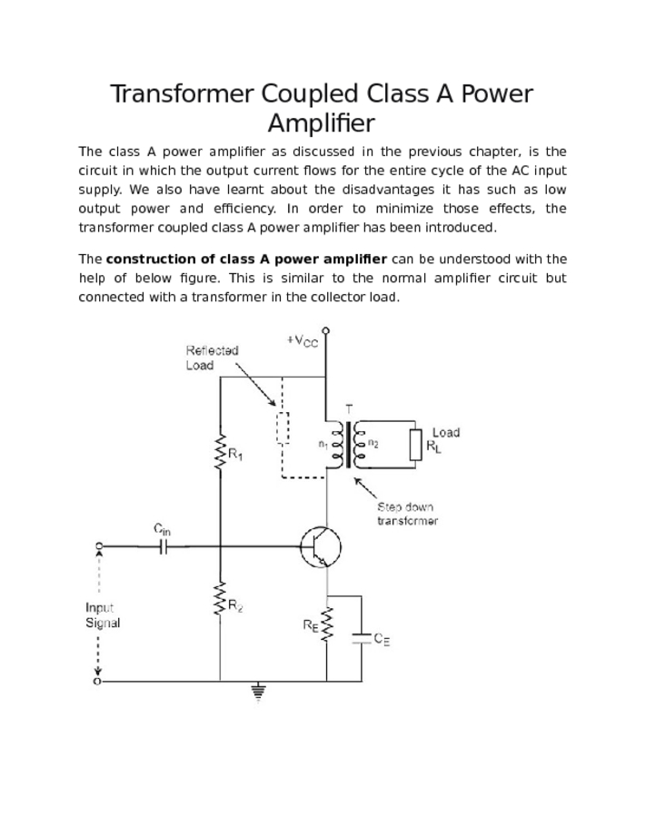 Transformer Coupled Class A Power Amplifier