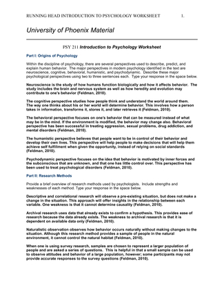 PSY 211 Introduction to Psychology Worksheet
