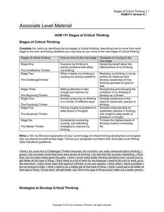 HUM 111 Stages of Critical Thinking