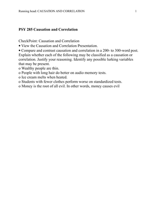 PSY 285 Causation and Correlation