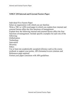 XMGT 230 Internal and External Factors Paper