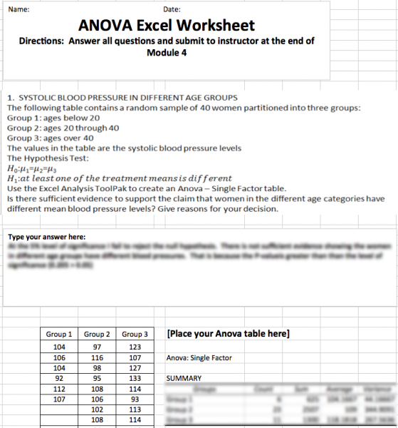 HLT 362 Module 4 ANOVA Excel Worksheet