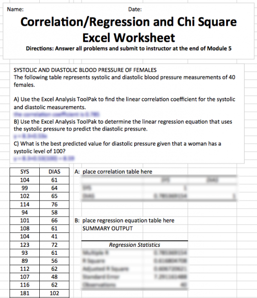 HLT 362 Module 5 Correlation Regression and Chi Square Excel Worksheet