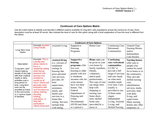 HCS 437 Week 2 Individual Assignment Continuum of Care Options Matrix