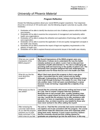 HCS 449 week 2 Individual Assignment Program Reflection