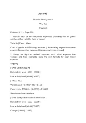 Acc 502 Module 5 Assignment