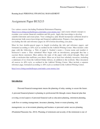 Assignment Paper BUS215 Personal Financial Management