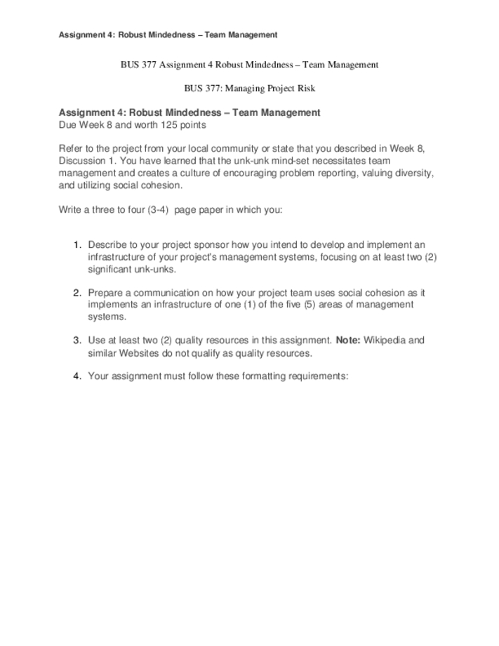 BUS 377 Assignment 4 Robust Mindedness  Team Management