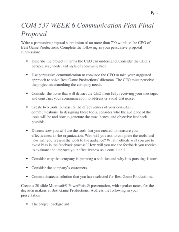 COM 537 WEEK 6 Communication Plan Final Proposal