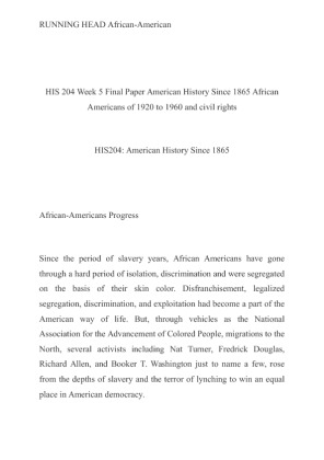 HIS 204 Week 5 Final Paper American History Since 1865 African Americans