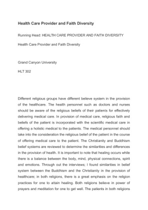 HLT 302 Health Care Provider and Faith Diversity