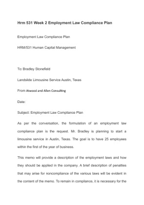 Hrm 531 Week 2 Employment Law Compliance Plan