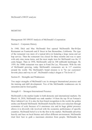 MGMT303 McDonalds SWOT analysis