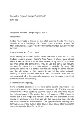 NTC 362 Integrative Network Design Project Part 1 Kudler Fine Foods
