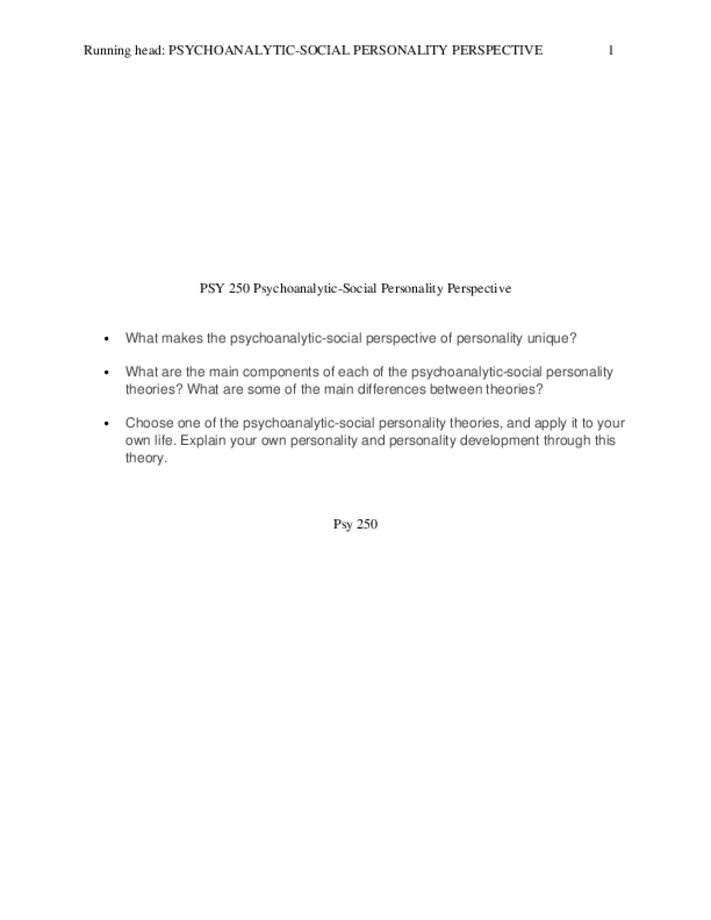 PSY 250 Psychoanalytic Social Personality Perspective