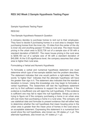 RES 342 Week 2 Sample Hypothesis Testing Paper