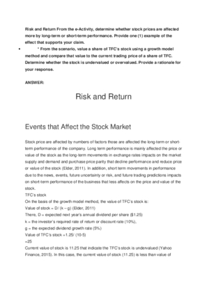 Risk and Return From the e Activity, determine whether stock prices are...