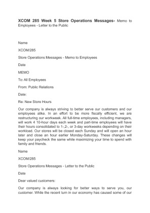 XCOM 285 Week 5 Store Operations Messages  Memo to Employees   Letter...