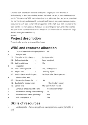 BUS 611  Farming land  WBS Create a work breakdown structure