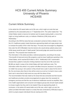 HCS 455 Current Article Summary