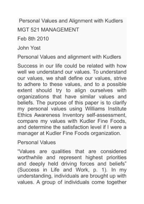 Personal Values and Alignment with Kudlers MGT 521